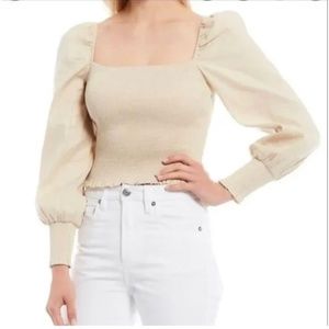 Gianni Binni Linen Smocked Long Sleeve Blouse